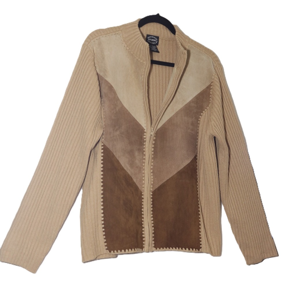 Designers Studio Original Leather Patchwork Zip Front Cardigan Sweater Tan Large